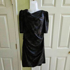 Theia Boat Neck Gathered Brush Stroke Black Knee Length Cocktail Dress Size 12